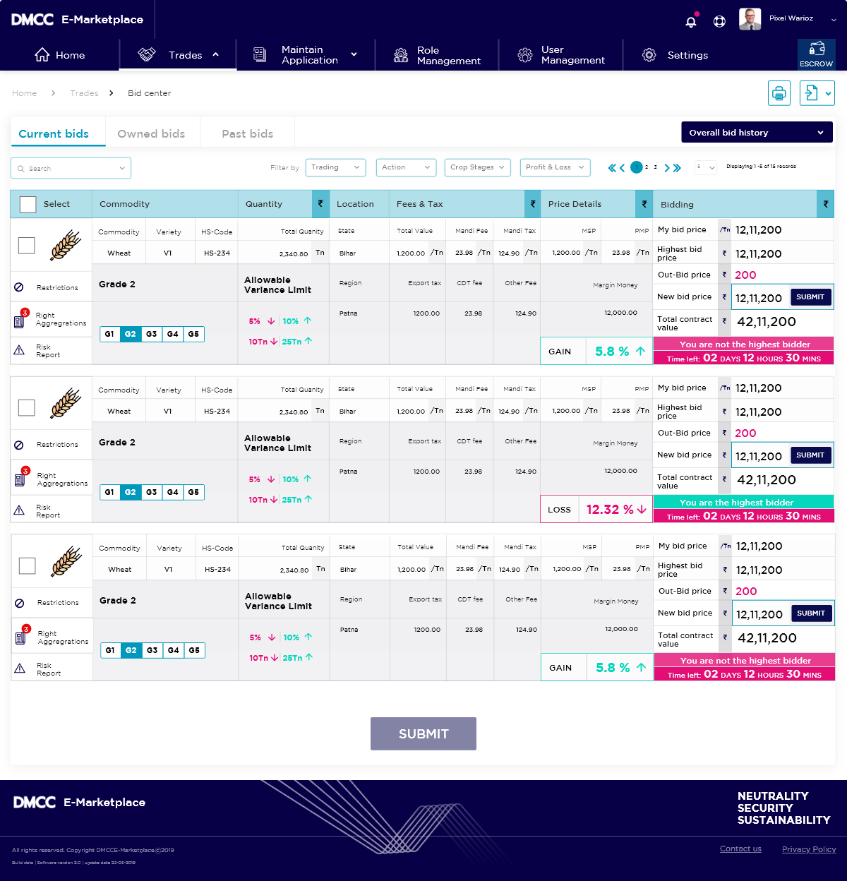 DMCC trader dashboard with positions and risk panel